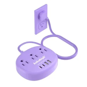 Purple Extension Cord with Surge Protected 1080J - 5 FT Flat Extension Cord, 1625W Cute Extension Cord with 3 AC Outlet 4 USB (24W/4.8A), Compact for Cute Purple Kawaii Lavender Accessories